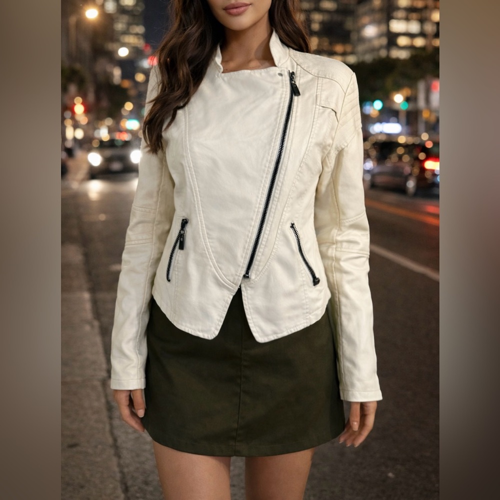 Lingluofang Cream Moto Jacket Zip Front Faux Leather Size M EUC
